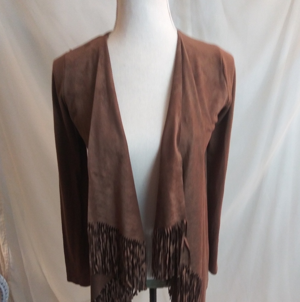 INC tan fringed faux suede wrap jacket size XS